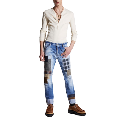 Dsquared2/二次方男士浅蓝色贴片翻边裤腿日常街头水洗牛仔裤长裤