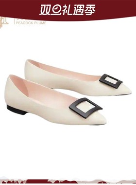 Roger Vivier女鞋树脂饰扣白色皮革尖头平底芭蕾舞鞋