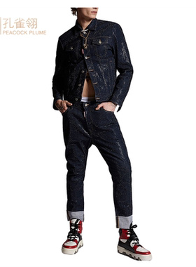 Dsquared2/D二次方男士深蓝色水洗棉质水钻装饰牛仔休闲长裤