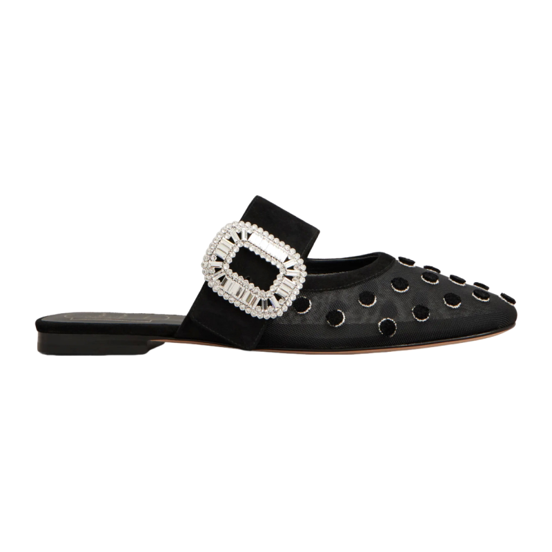 RogerVivier/罗杰维维亚女士穆勒鞋网眼麂皮水晶饰扣舒适优雅新款
