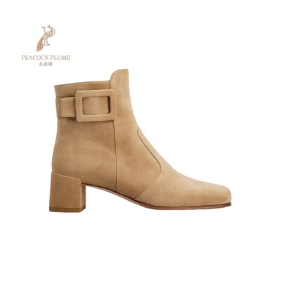 RogerVivier/罗杰维维亚女士靴子裸靴麂皮覆盖侧扣几何跟新款