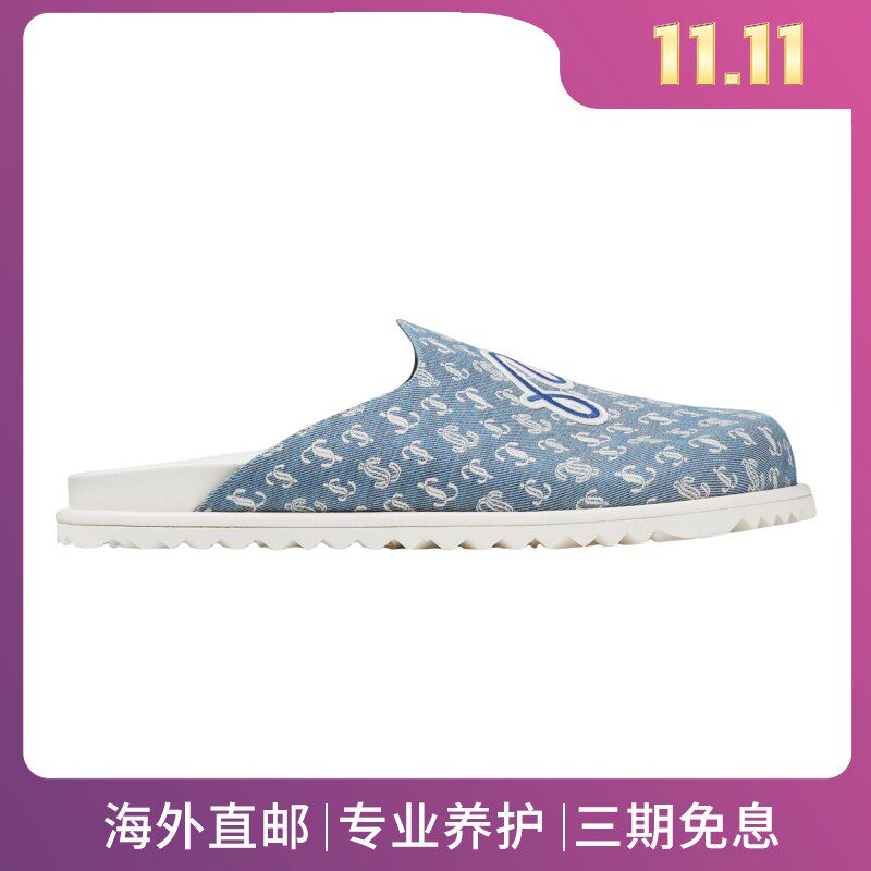 JimmyChoo/周仰杰男鞋刺绣吉祥物丹宁色平底穆勒鞋