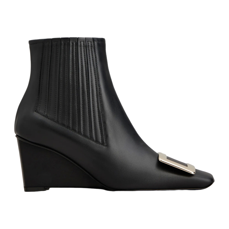 RogerVivier/罗杰维维亚女士靴子裸靴牛皮金属搭扣坡跟6厘米新款