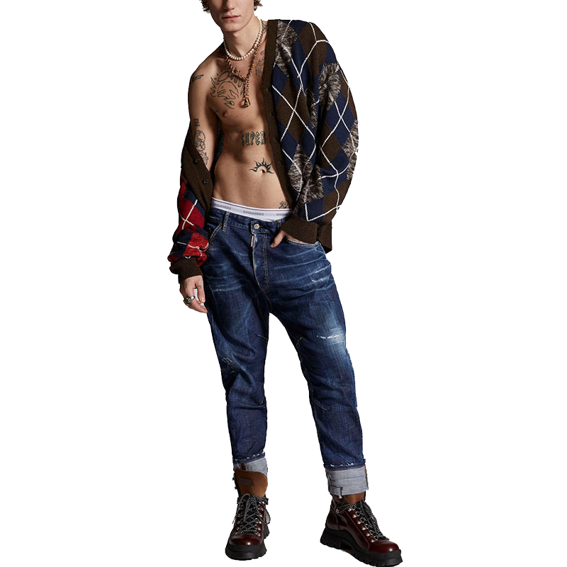 Dsquared2/二次方男士深蓝色棉质高腰翻边裤腿通勤日常牛仔裤长裤