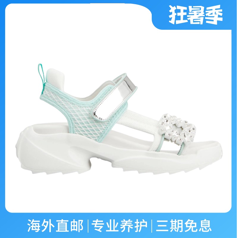 RogerVivier/罗杰维维亚女士凉鞋锯齿橡胶底水晶搭扣皮革镜面新款