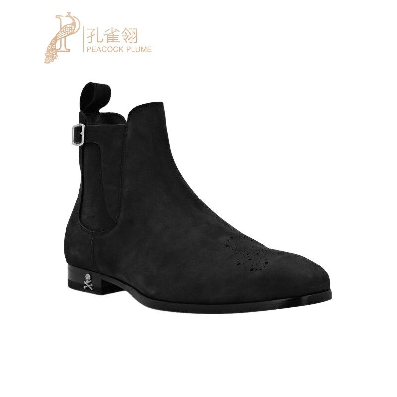 PhilippPlein男鞋黑色绒面小牛皮搭扣踝靴短靴