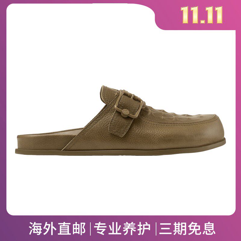 JimmyChoo/周仰杰男鞋军绿色皮革星星压花平底休闲穆勒拖鞋