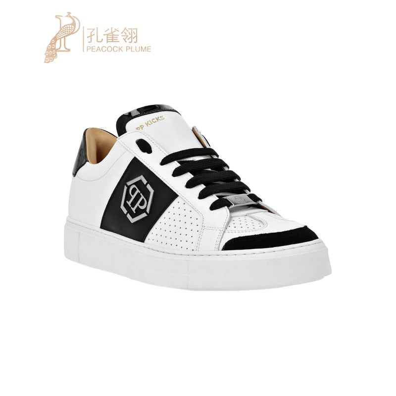 PhilippPlein男鞋经典休闲黑白色混合纳帕皮穿孔低帮运动鞋