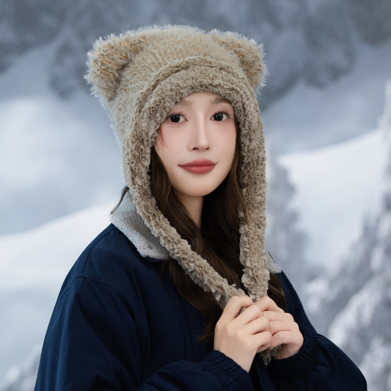 甜美百搭加厚小熊毛绒帽秋冬季百搭可爱帽子女户外休闲防寒保暖帽