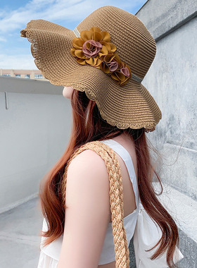 草帽薄款透气太阳帽户外帽子花女大花夏季2025新品简约韩版遮阳