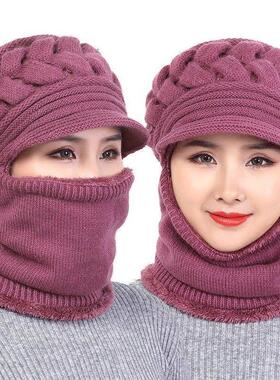 休闲保暖围脖妈妈帽连体针织帽老年加厚毛线帽加绒人女中帽子冬季