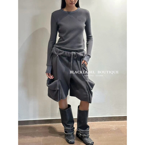 blacklabel 26早春卷边华夫格工装短裤 中裤 休闲裤 tina open yy