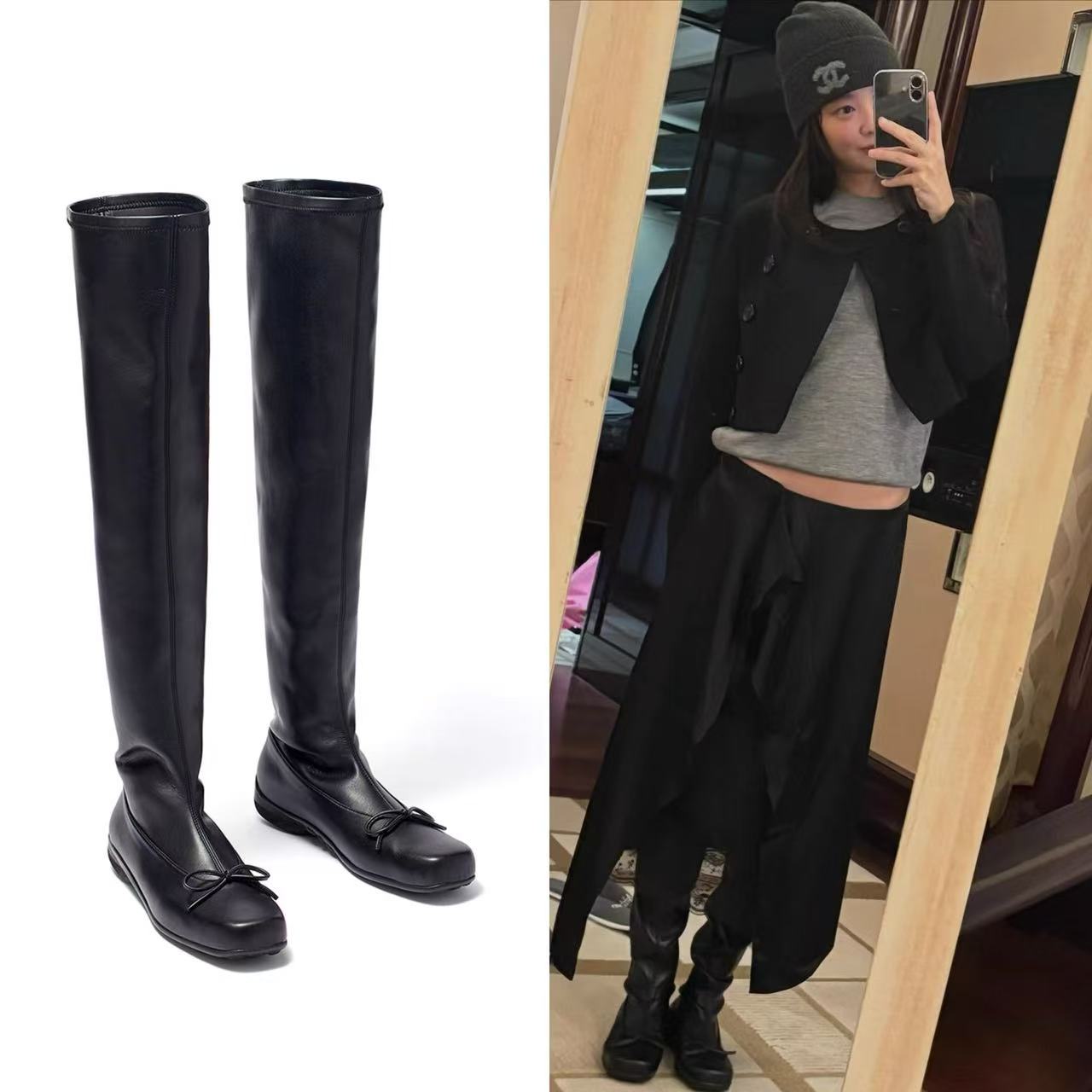 Jennie同款TINA OPEN YY 25秋冬新品过膝长筒靴芭蕾靴 靴子