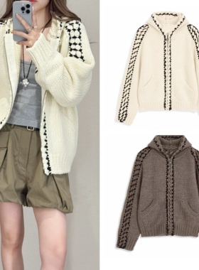 TINA OPEN YY 25秋冬加厚连帽羊毛开衫麻花编织慵懒风针织外套