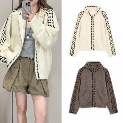 TINA OPEN YY 25秋冬加厚连帽羊毛开衫麻花编织慵懒风针织外套