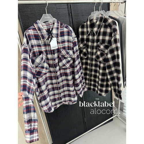 进口YY同渠道面料TINA OPEN YY串珠缝边格纹口袋长袖衬衫女25秋冬