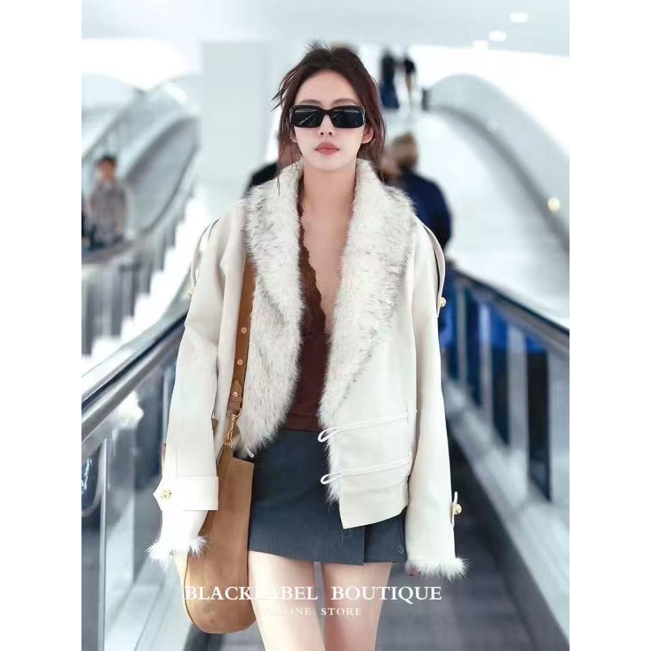 蔡文静同款 25秋冬环保翻领双面穿短夹克外套 羊羔绒短外套 大衣