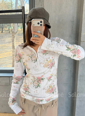 同面料 YY 26早春新品 花朵印花 V领设计薄款长袖T恤 女