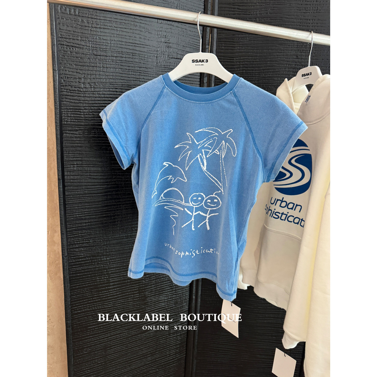 区别市面 blacklabel 刘雯同款水洗蓝火柴人正肩短袖T恤女26早秋图片