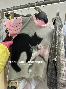 blacklabel 26夏季新款 卡通猫咪印花修身短袖T恤 显瘦小版型上衣