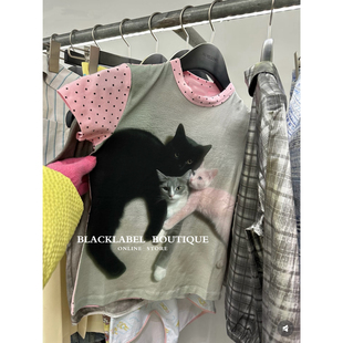 卡通猫咪印花修身 新款 26夏季 型上衣 T恤 显瘦小版 短袖 blacklabel