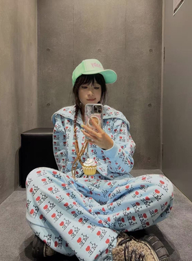 正确版美式潮流字母印花宽松连帽卫衣外套套装tina open yy25秋冬