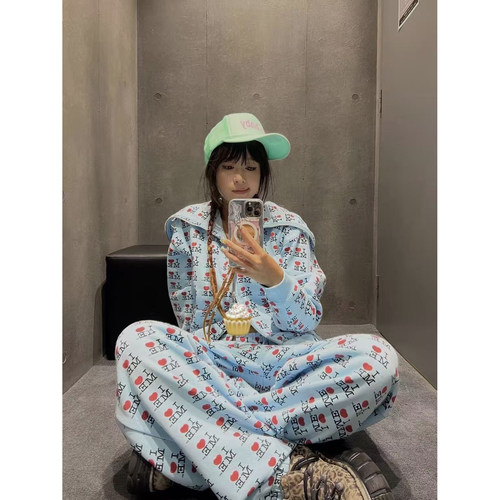 正确版美式潮流字母印花宽松连帽卫衣外套套装tina open yy25秋冬