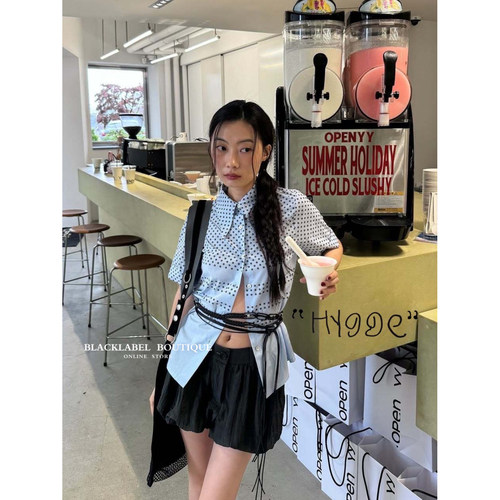 TINA OPEN YY 25夏季新款圆点蓝色短袖polo领衬衫 上衣