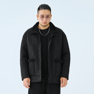 半墨大码男装仿皮毛一体立领夹克男冬季新款胖子加绒保暖PU皮外套