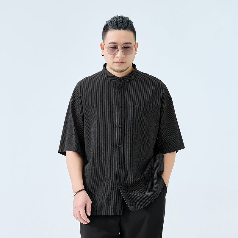 半墨衬衫男大码宽松胖子加肥加大新中式立领夏季条纹衬衣肥佬短袖