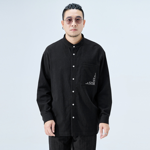 半墨大码男装立领长袖衬衫男春季新款棉麻刺绣衬衣宽松胖子外套潮