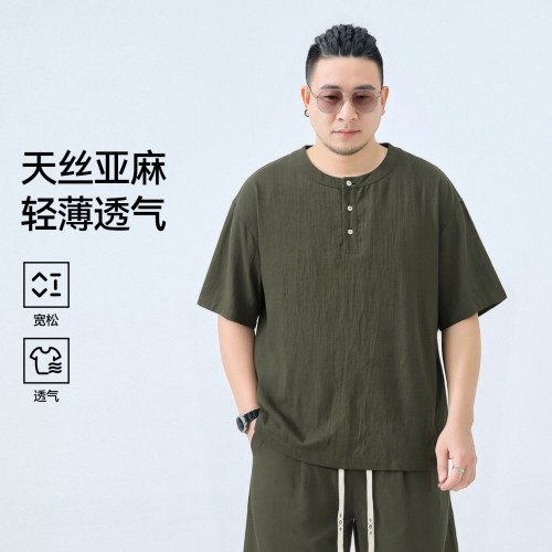 半墨大码男装亨利领短袖T恤男夏季宽松莱赛尔天丝亚麻夏装T恤套装