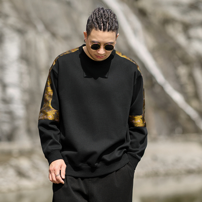 半墨秋季新款卫衣男宽松加肥加大撞色拼接圆领胖子外套潮大码男装