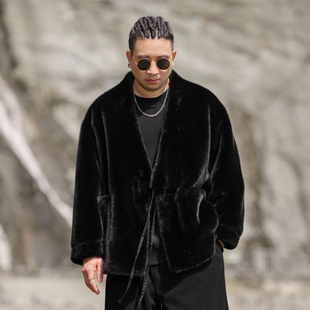 半墨大码男装仿皮毛一体外套男士秋季新款仿皮草夹克宽松开衫道袍