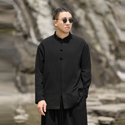 半墨大码男装新中式立领长袖衬衫男士秋季新款中国风唐装胖子外套