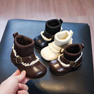 女宝宝加绒皮鞋秋冬新款公主风软底棉靴女小童假分趾玛丽珍袜子靴