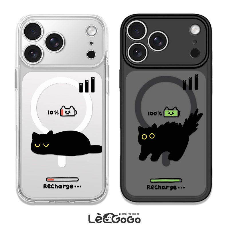 简约可爱充电黑猫适用于iPhone17promax苹果16Promax全包精孔手机壳小米15磁吸14情侣13新款17Pro黑色透明16