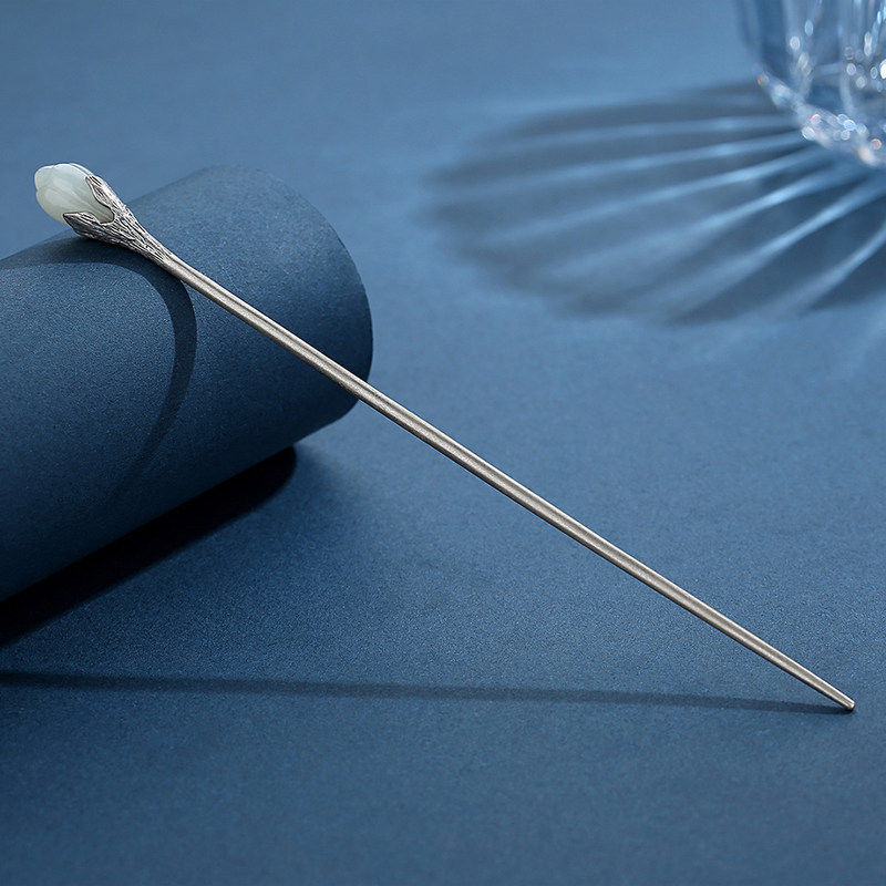 簪子子女古风汉服头饰和田玉玉兰发簪女新国潮盘发一字簪素簪钗子