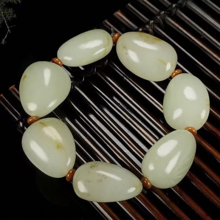 保真新疆和田玉手链羊脂级洒金皮籽料原石手串手链男款玉手链包邮