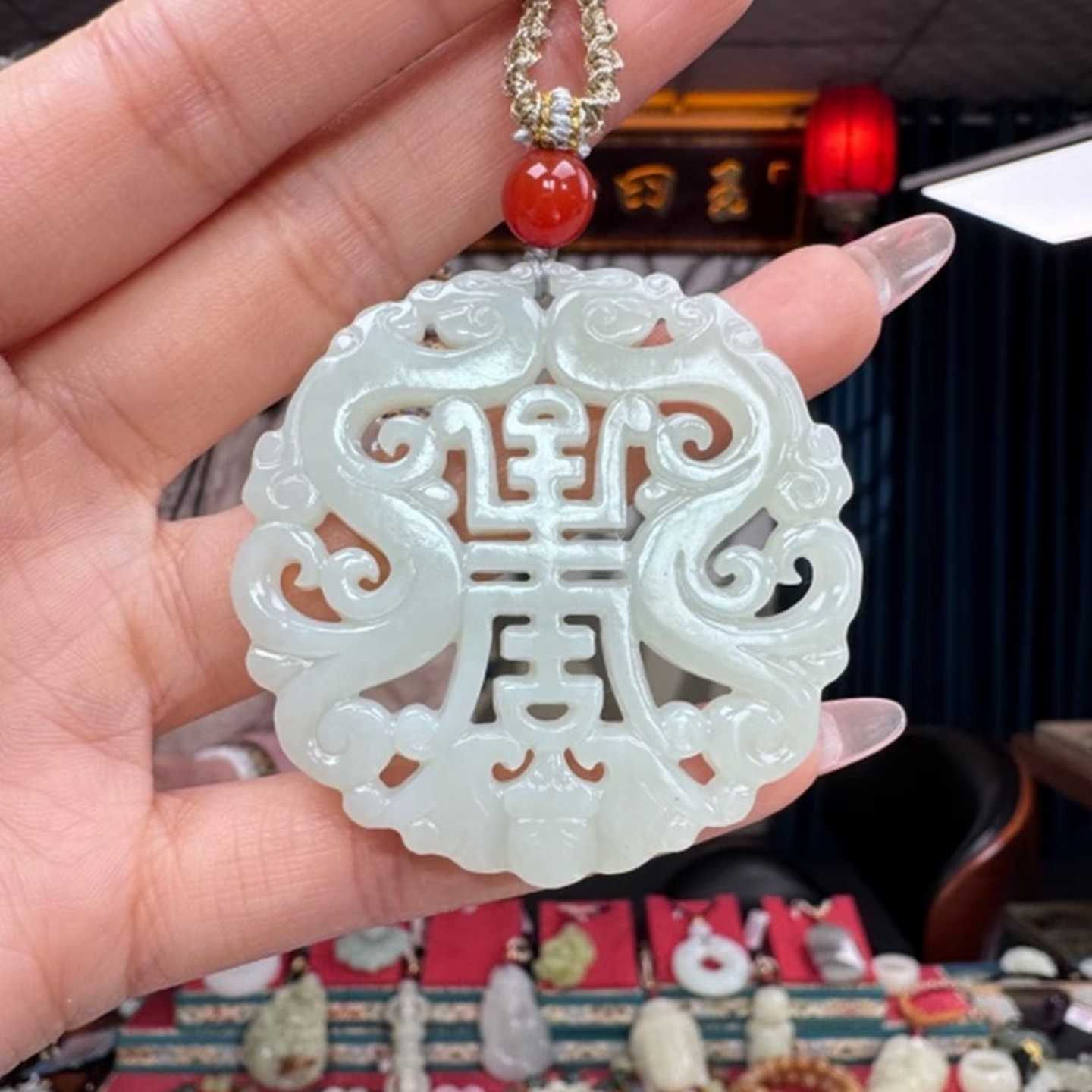 天然和田玉福寿如意吊坠白玉仿古镂空福寿双全挂件男女款项链玉坠