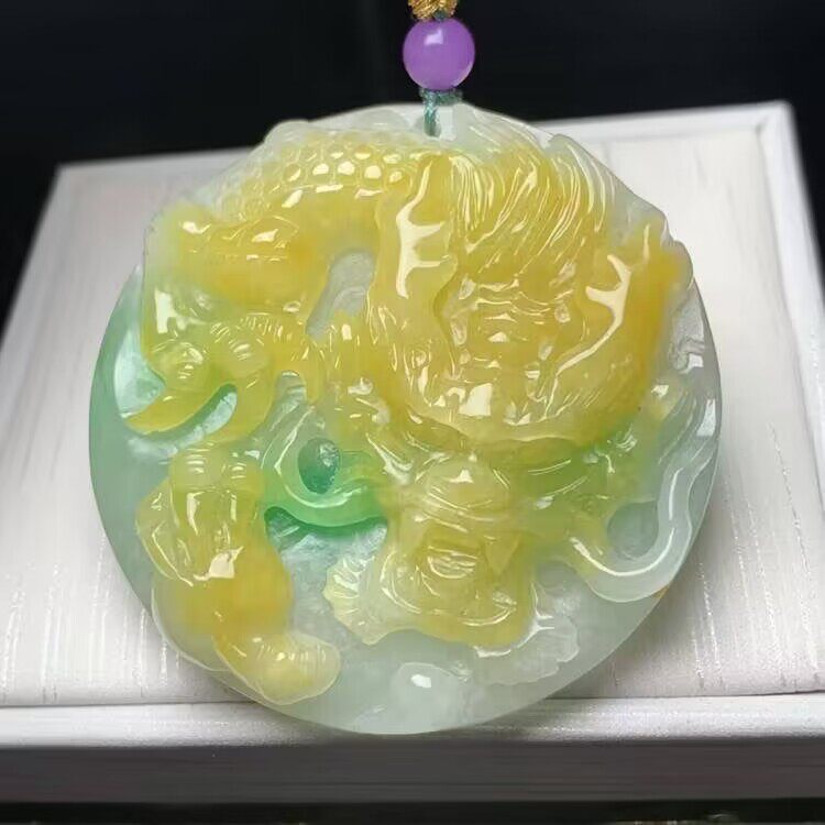 冰糯种黄翡翡翠处理龙行天下挂件