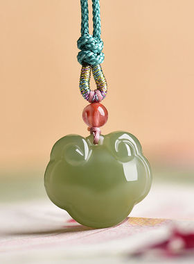 天然新疆和田玉平安锁吊坠青玉宝宝锁挂件烟紫色玉佩长命锁男女款