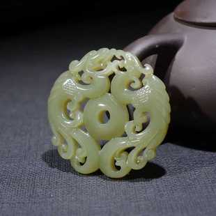 新疆和田玉龙凤呈祥吊坠青黄口手工双面镂空精雕仿古龙凤呈祥挂件