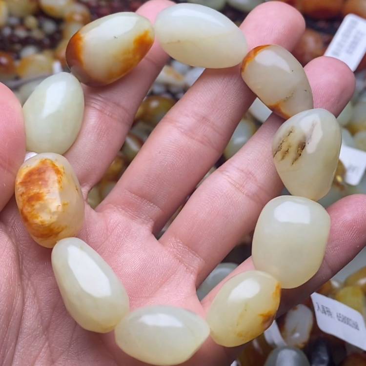 新疆正品和田玉手链羊脂级白玉黄沁皮原石籽料手串手链男款玉手链