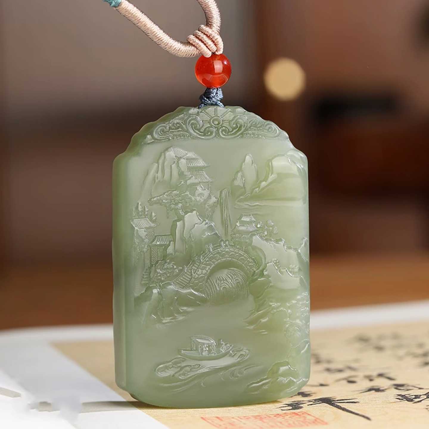 天然真品和田玉山水牌吊坠青白玉双面雕刻意境山水挂件男女款玉佩