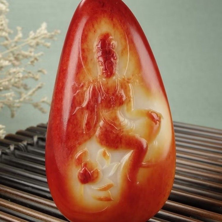 收藏级新疆和田玉观音吊坠羊脂级红皮籽料莲花观音挂件男女款玉坠