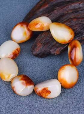 羊脂级白玉籽料原石红沁皮手链