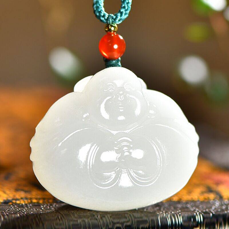 新疆天然和田玉羊脂白玉弥勒佛玉吊坠女款笑佛玉挂件玉佛项链包邮
