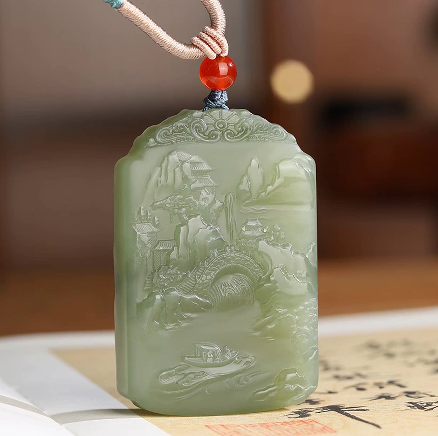 天然真品和田玉招财山水玉牌吊坠