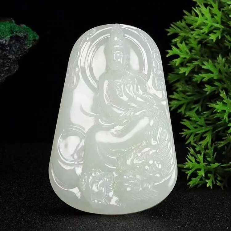 和田玉白玉降龙观音吊坠男款护身符玉佩天然玉石菩萨项链挂件包邮